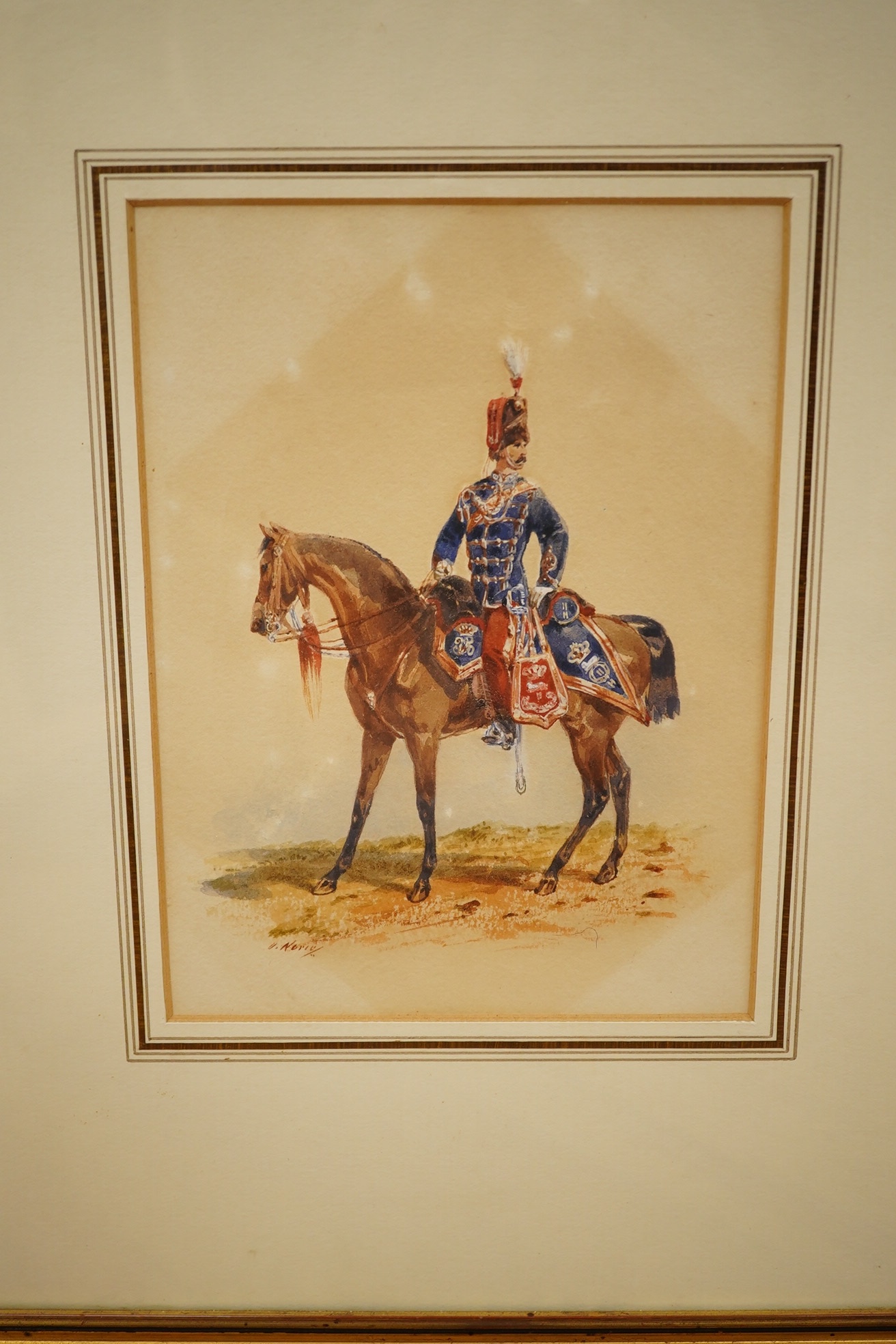 Orlando Norie (Belgian, 1832-1901), heightened watercolour, study of a mounted Hussar, 20x15cm condition - faded, stained